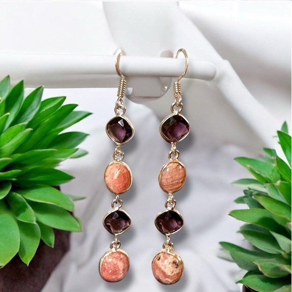 Handmade Amethyst and Rhodochrosite Dangle Earrings S925 Sterling Silver - Picture 5 of 10